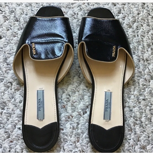 PRADA Black Patent Saffiano Leather Open Toe Slide Flats Size 37.5 - Picture 2 of 5